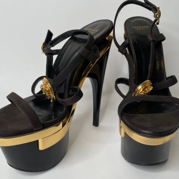 Versace Black & Gold Medusa Triple Platform Swarovski Crystals Sandals Heels - Picture 11 of 13